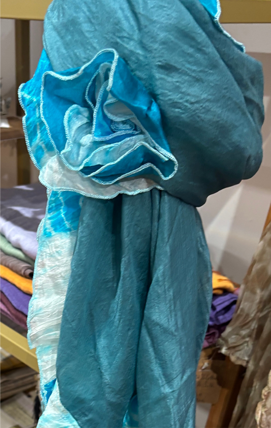 Organza Silk Scarves in Blue with Ruffle Border & Flower Applique
