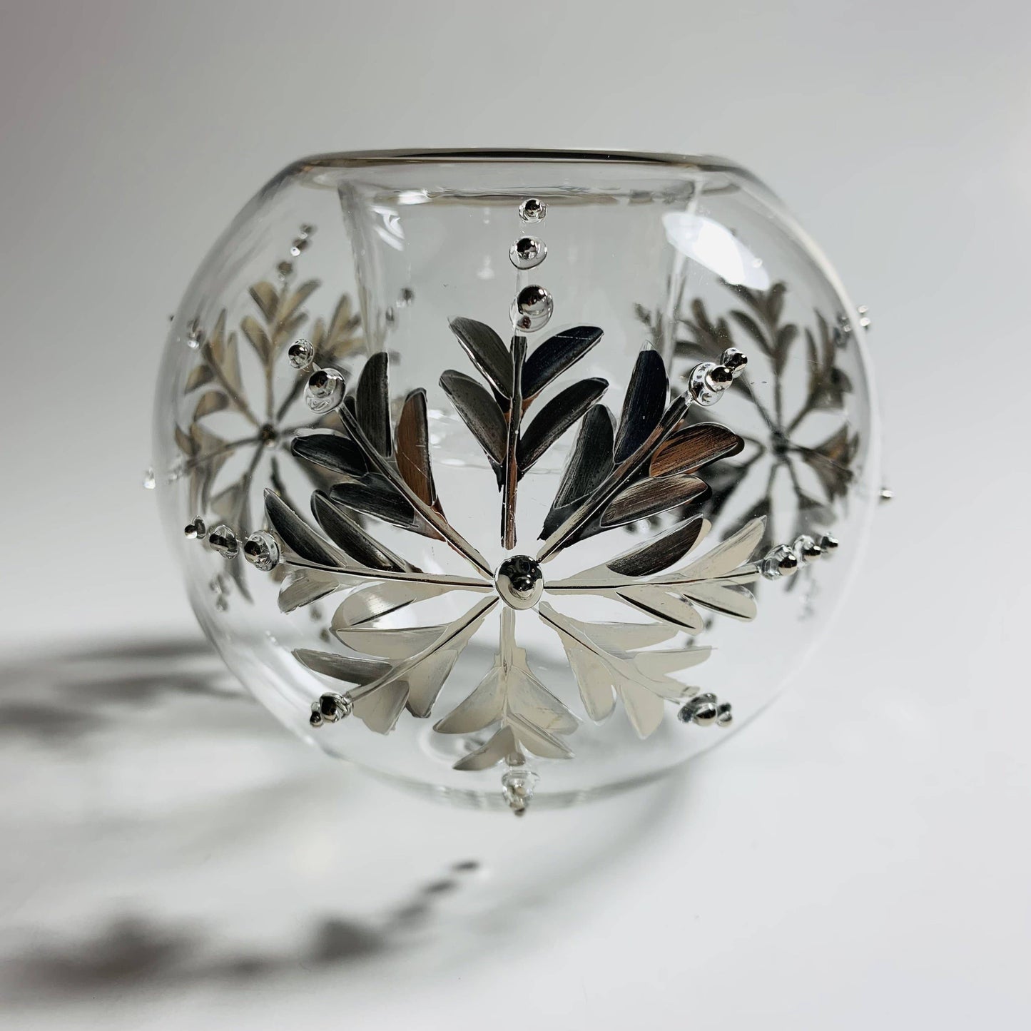 Blown Glass Candle Holder - Silver Snow Flake