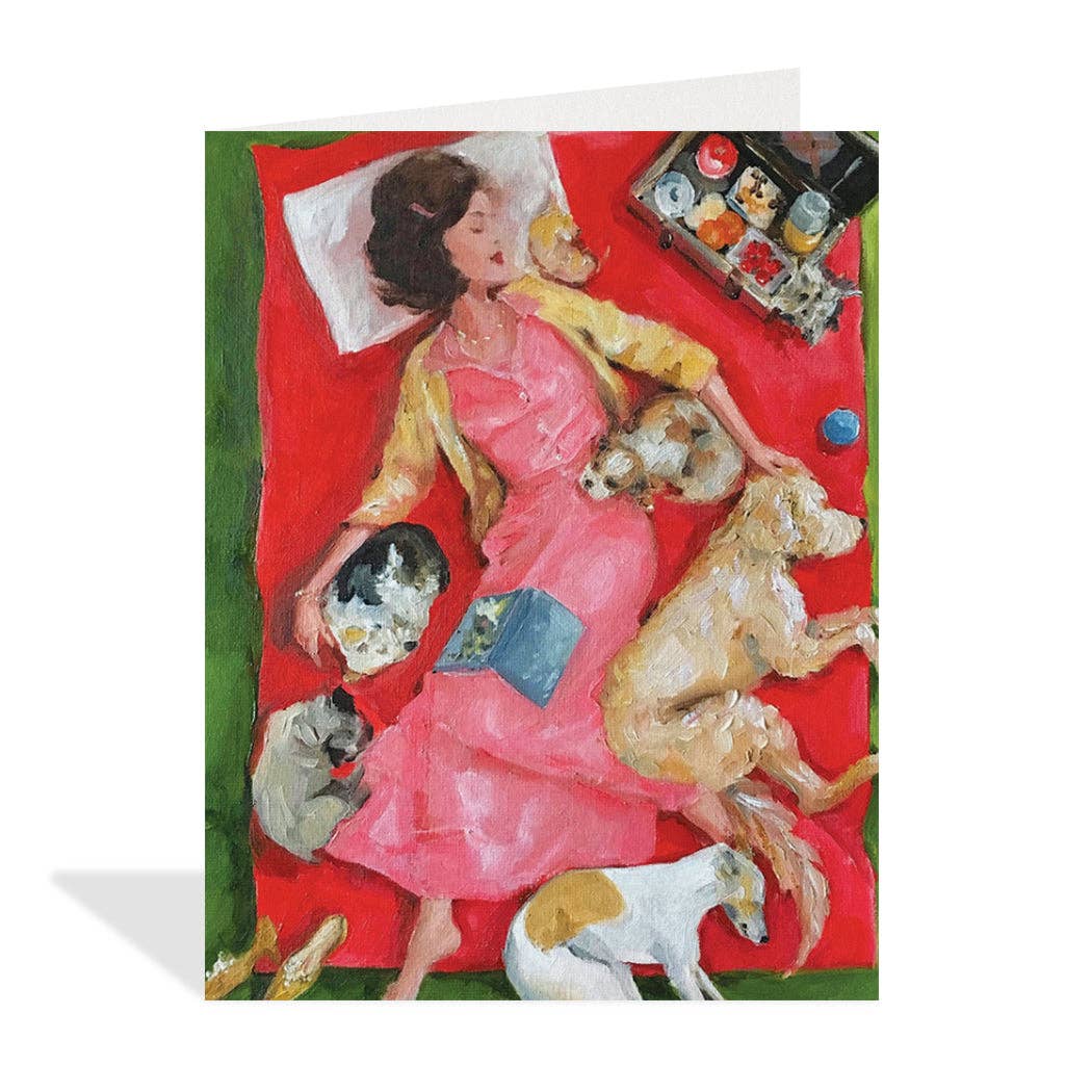 Woman napping with her pets ❤️ cards
