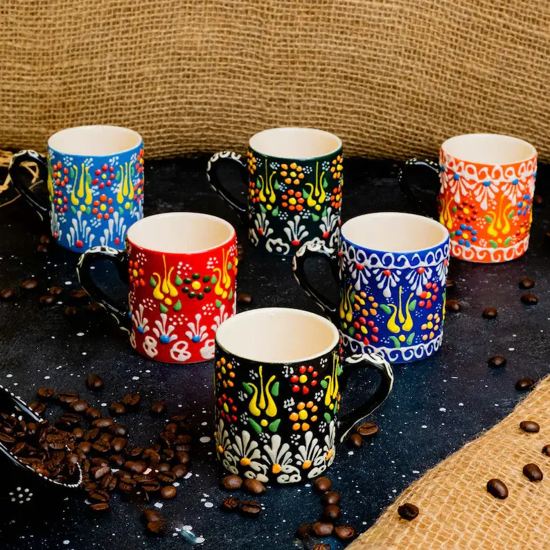 Colorful Handmade Ceramic Turkish Mugs/Cup - 10 Pcs Assorted