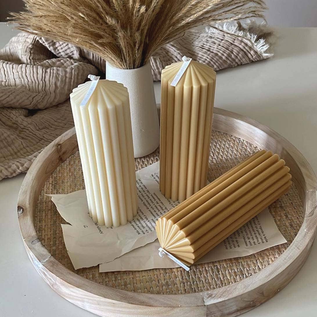 Large Ribbed Pillar Soy Candle | Handmade | Aesthetic Decor: Ivory