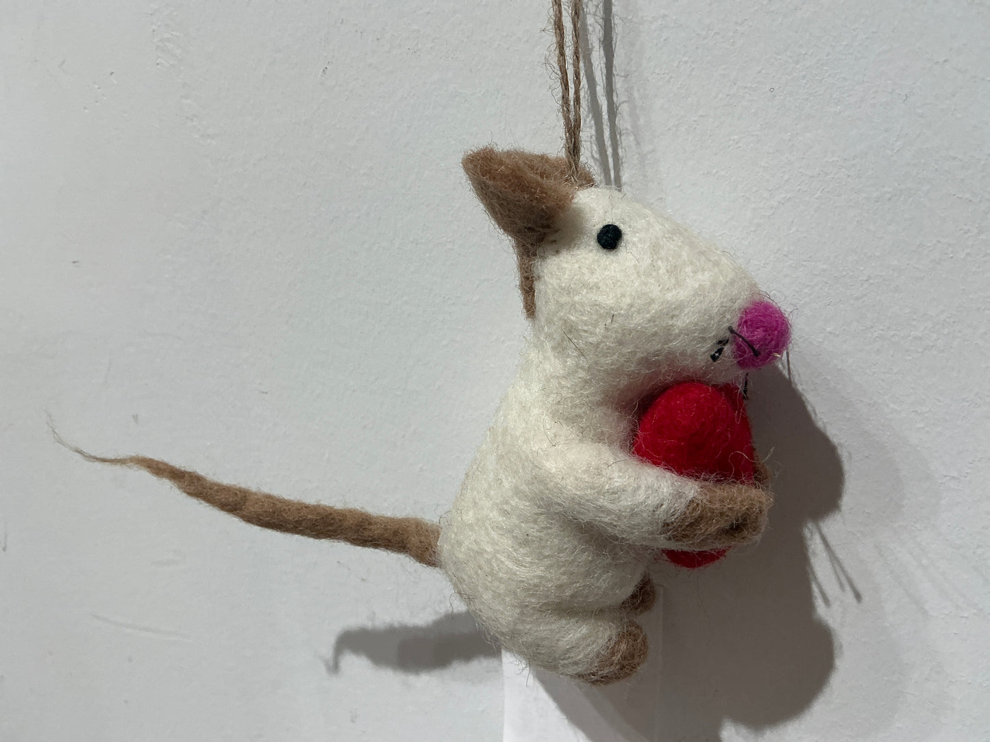 Mouse with heart hand felted wool ornament 220