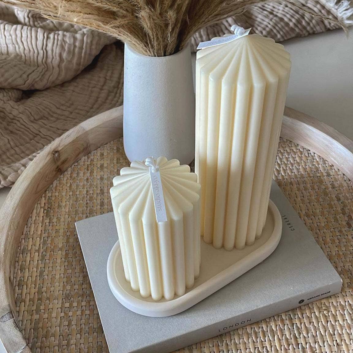 Large Ribbed Pillar Soy Candle | Handmade | Aesthetic Decor: Ivory