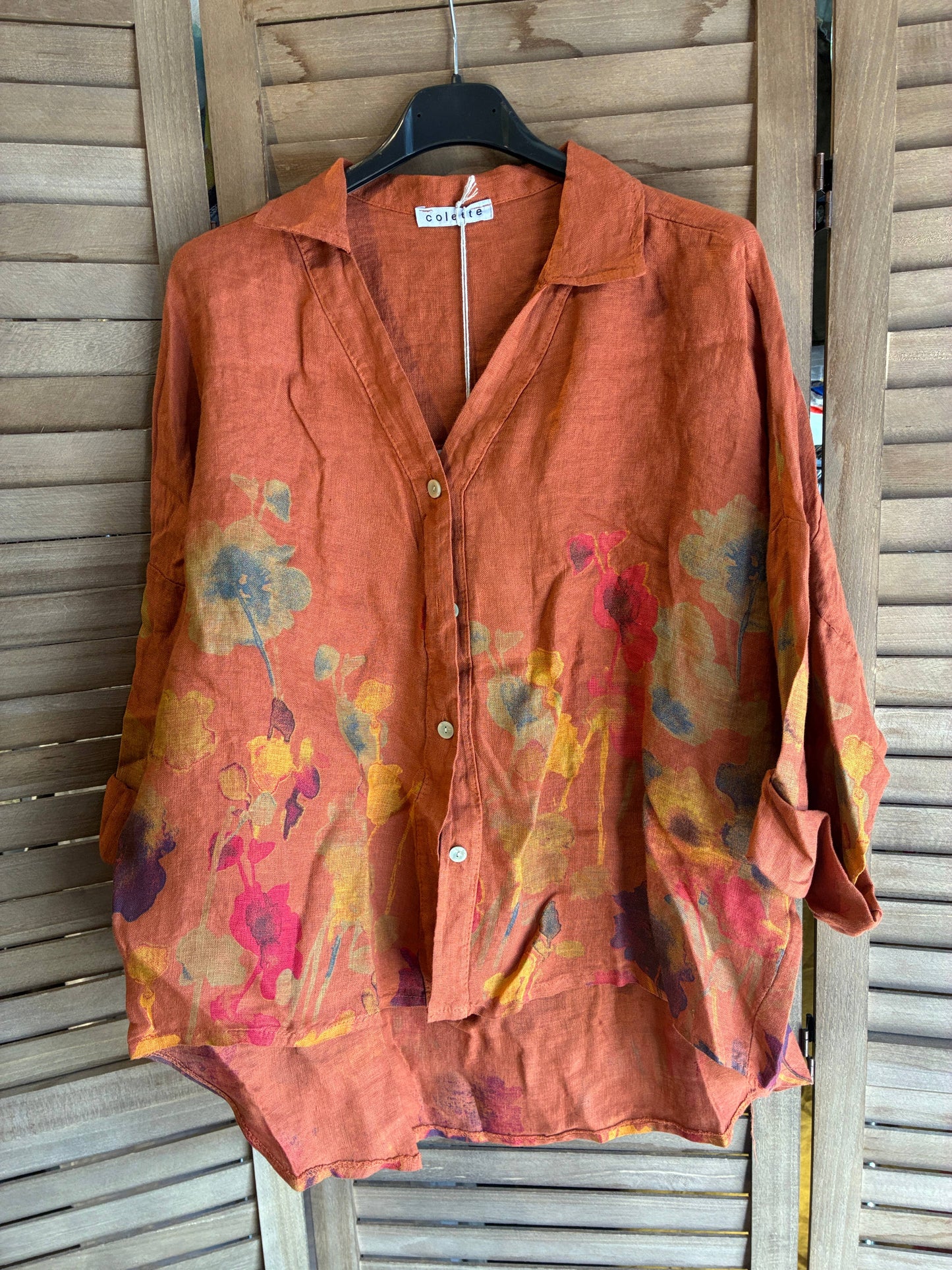 Floral Print Blouse 100% Linen: Rust