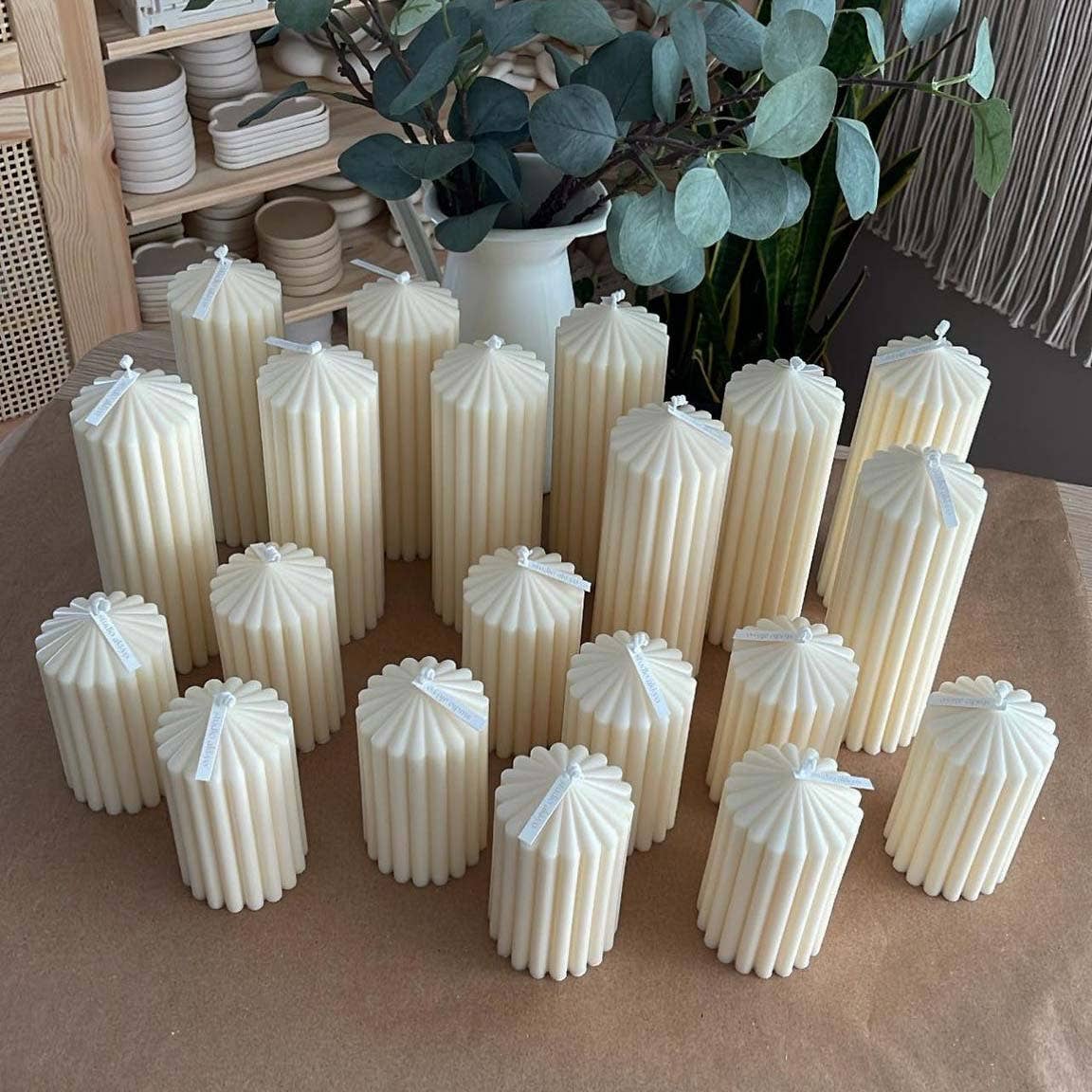 Large Ribbed Pillar Soy Candle | Handmade | Aesthetic Decor: Ivory