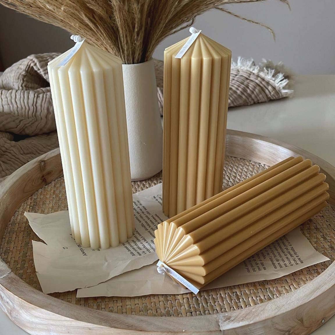 Large Ribbed Pillar Soy Candle | Handmade | Aesthetic Decor: Ivory