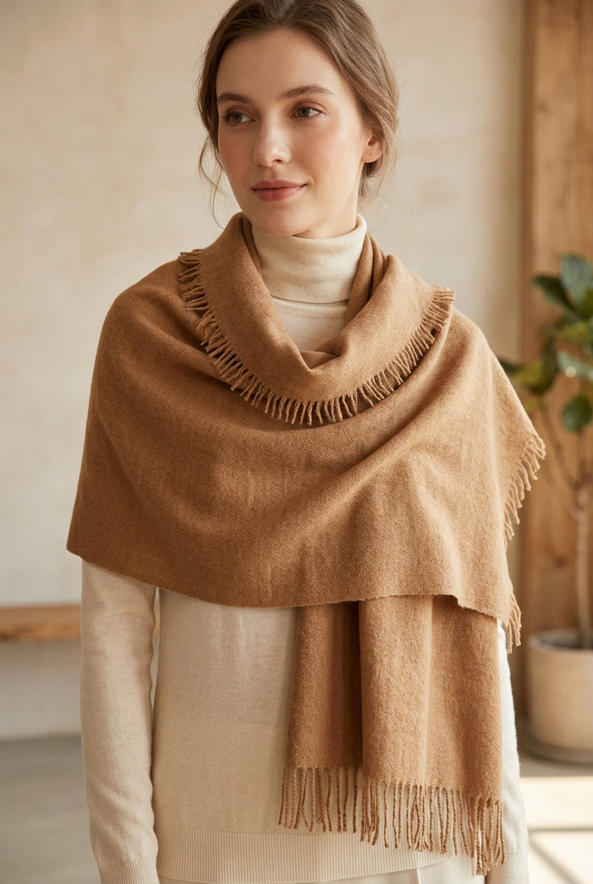 Thick and Plush Pure Cashmere Camel Brown Scarf