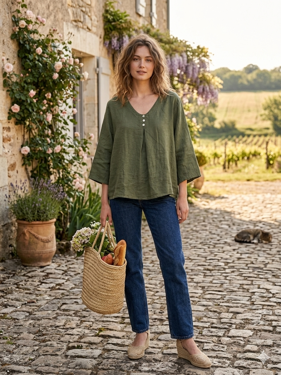 Loose Linen Blouse with Buttoned Neckline: Kaki