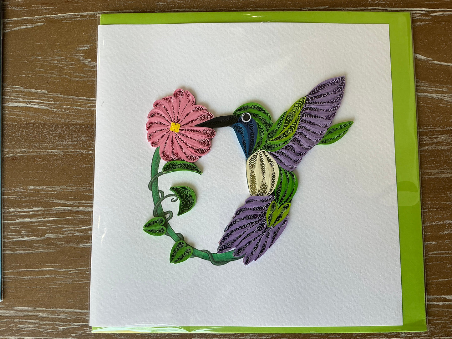 Hummingbird pink flower made quilling card