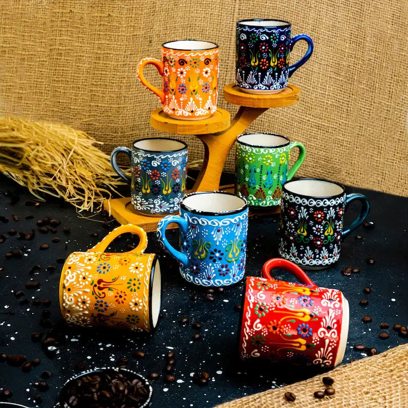 Colorful Handmade Ceramic Turkish Mugs/Cup - 10 Pcs Assorted