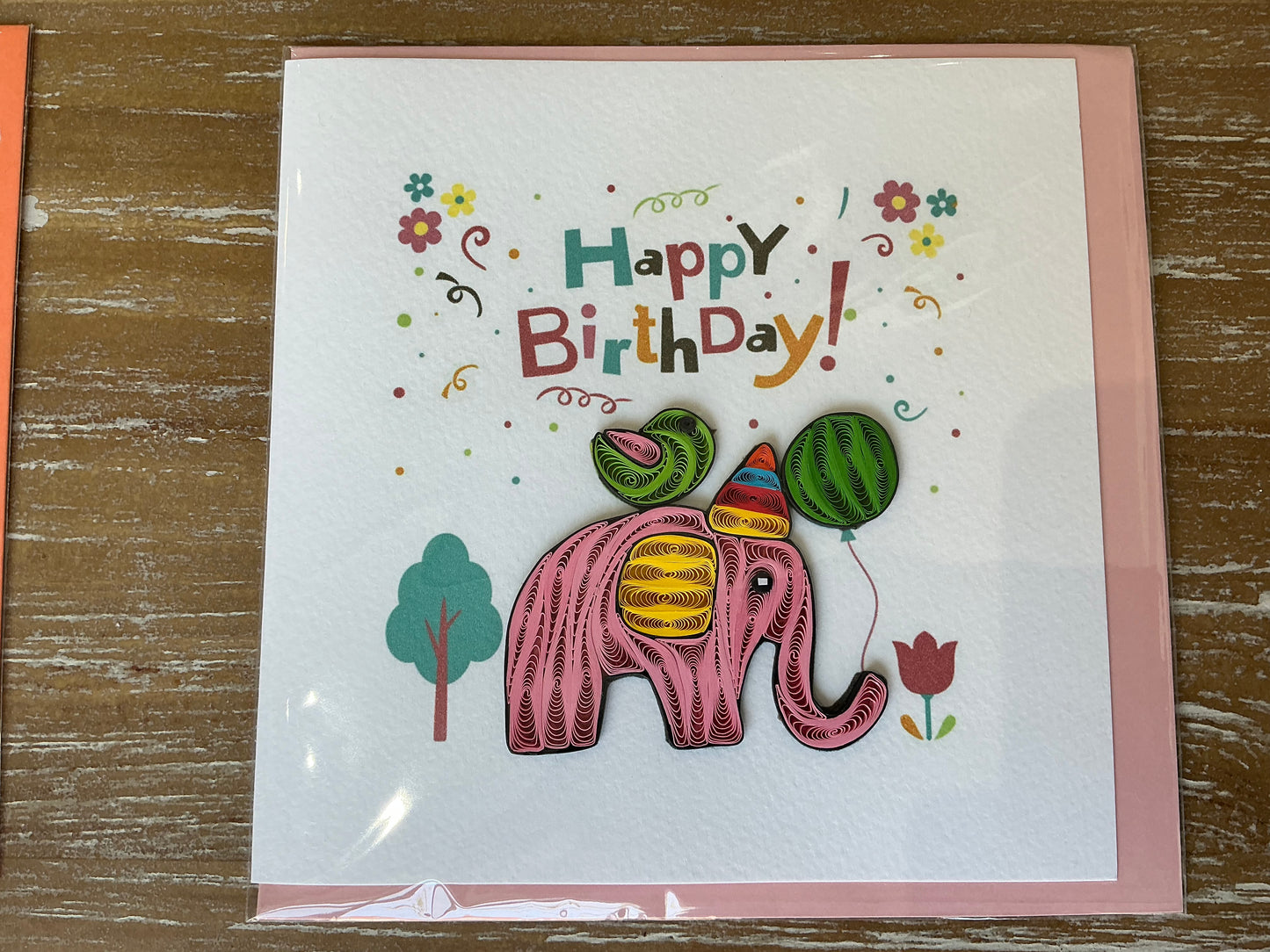 Pink elephant hand made birthday quilling card