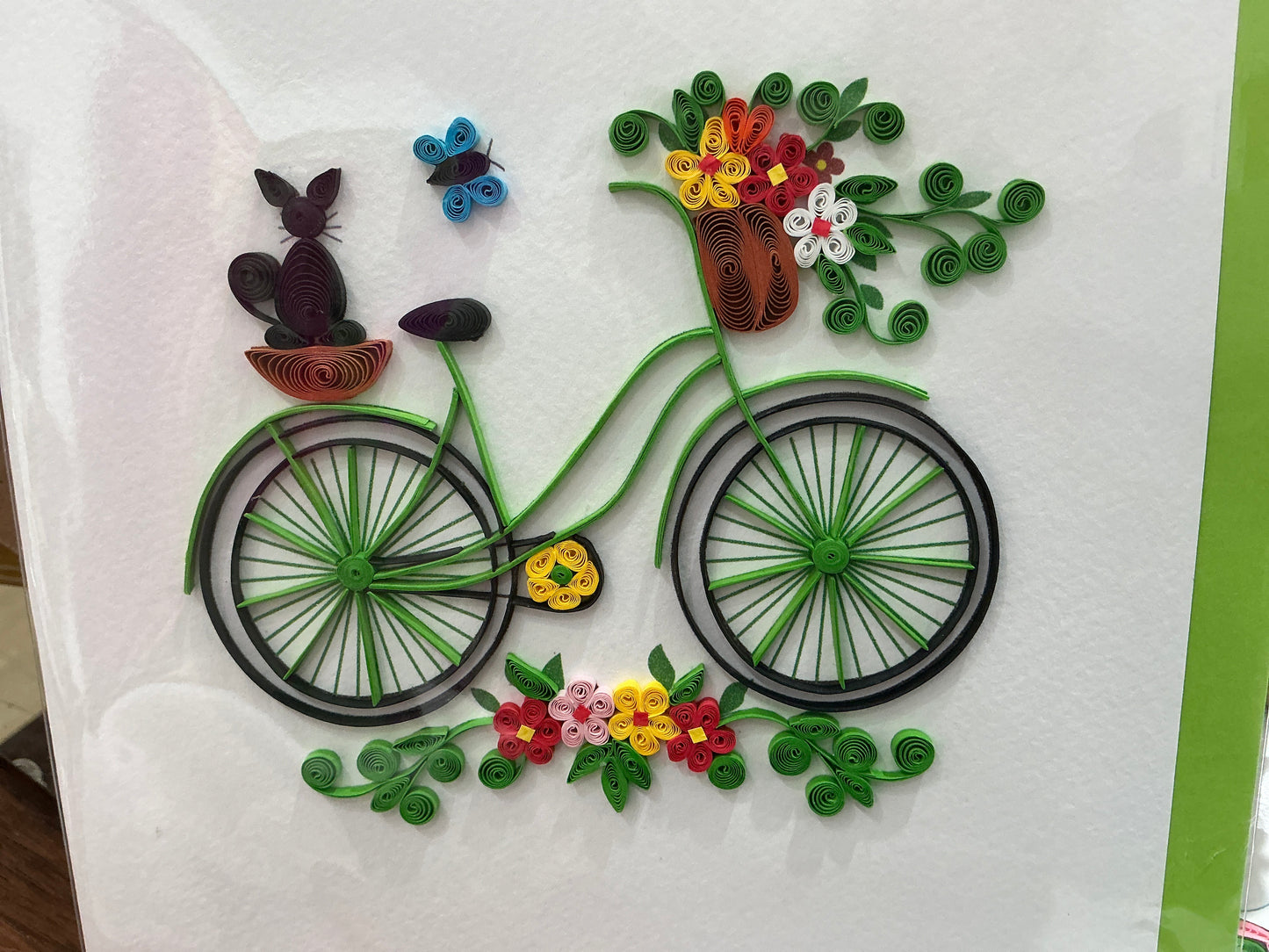 Bike with black cat hand made quilling card