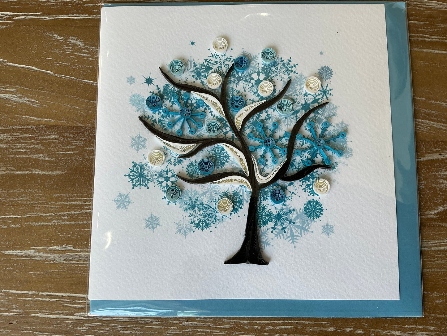 Blue treehand made quilling card