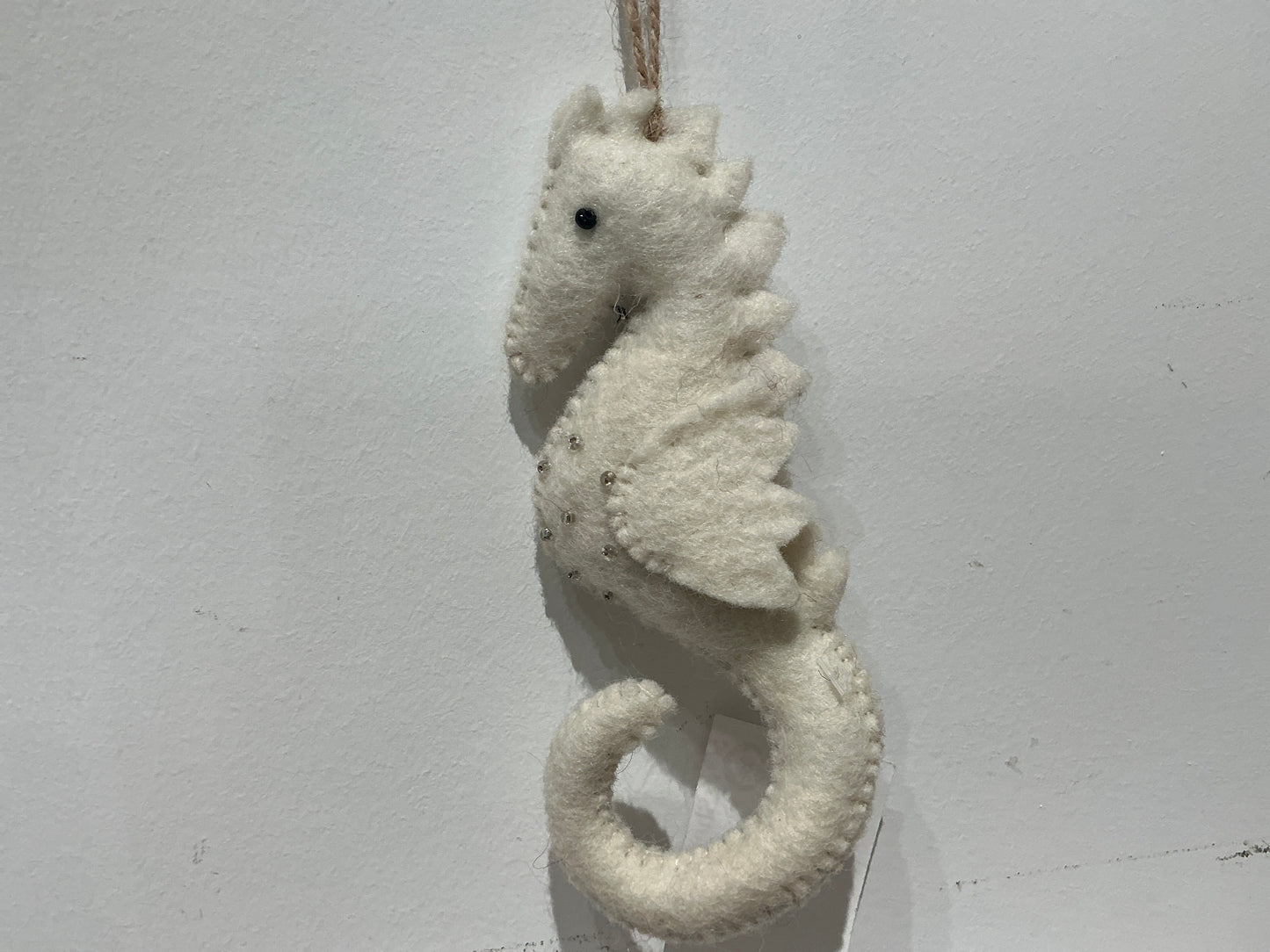 White sparkle seahorse hand felted wool ornament 216