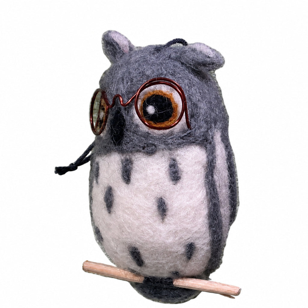Grey Spotted Owl with Glasses Ornament
