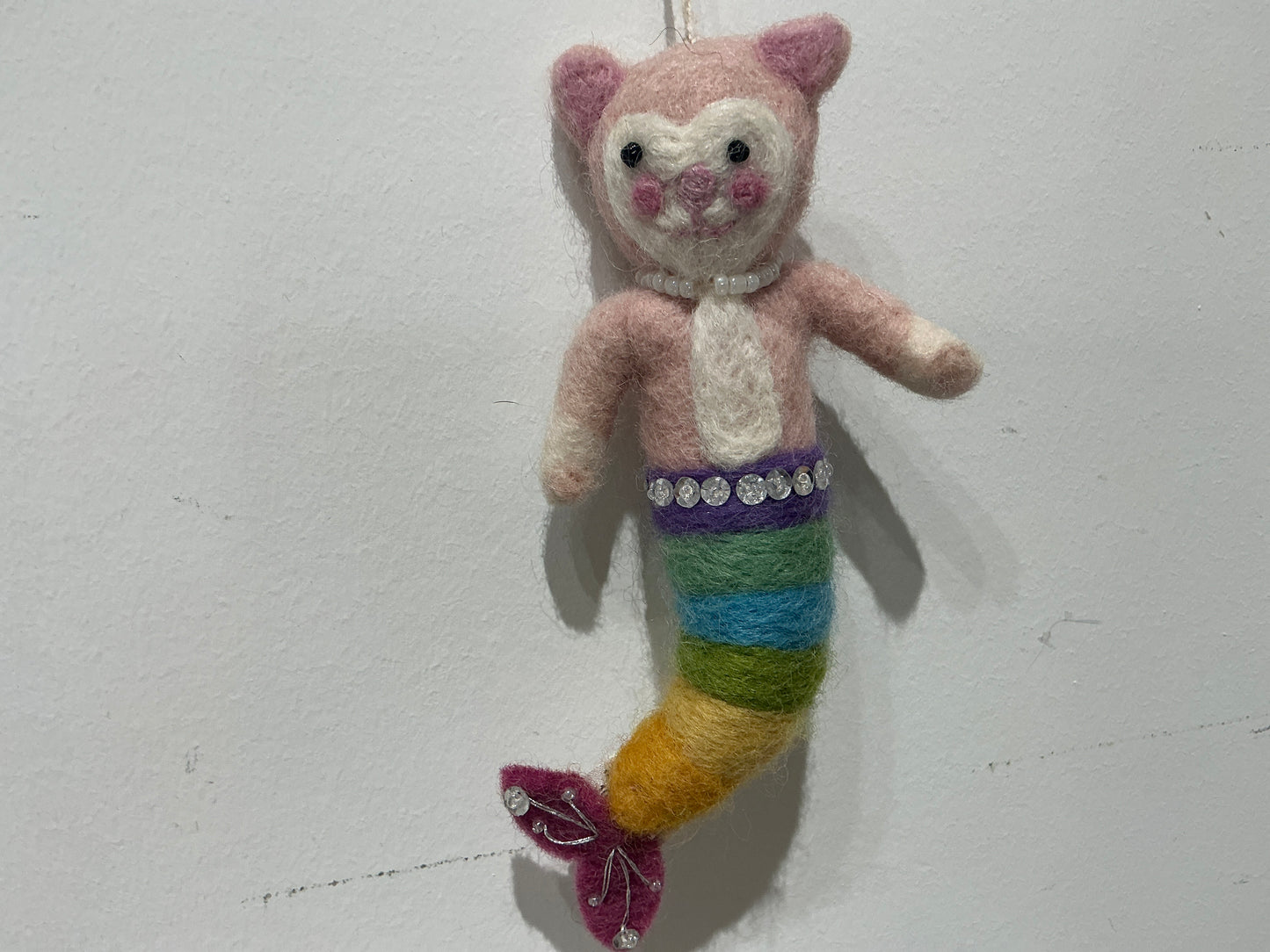 Pink cat glam mermaid with rainbow tail, hand felted wool 248