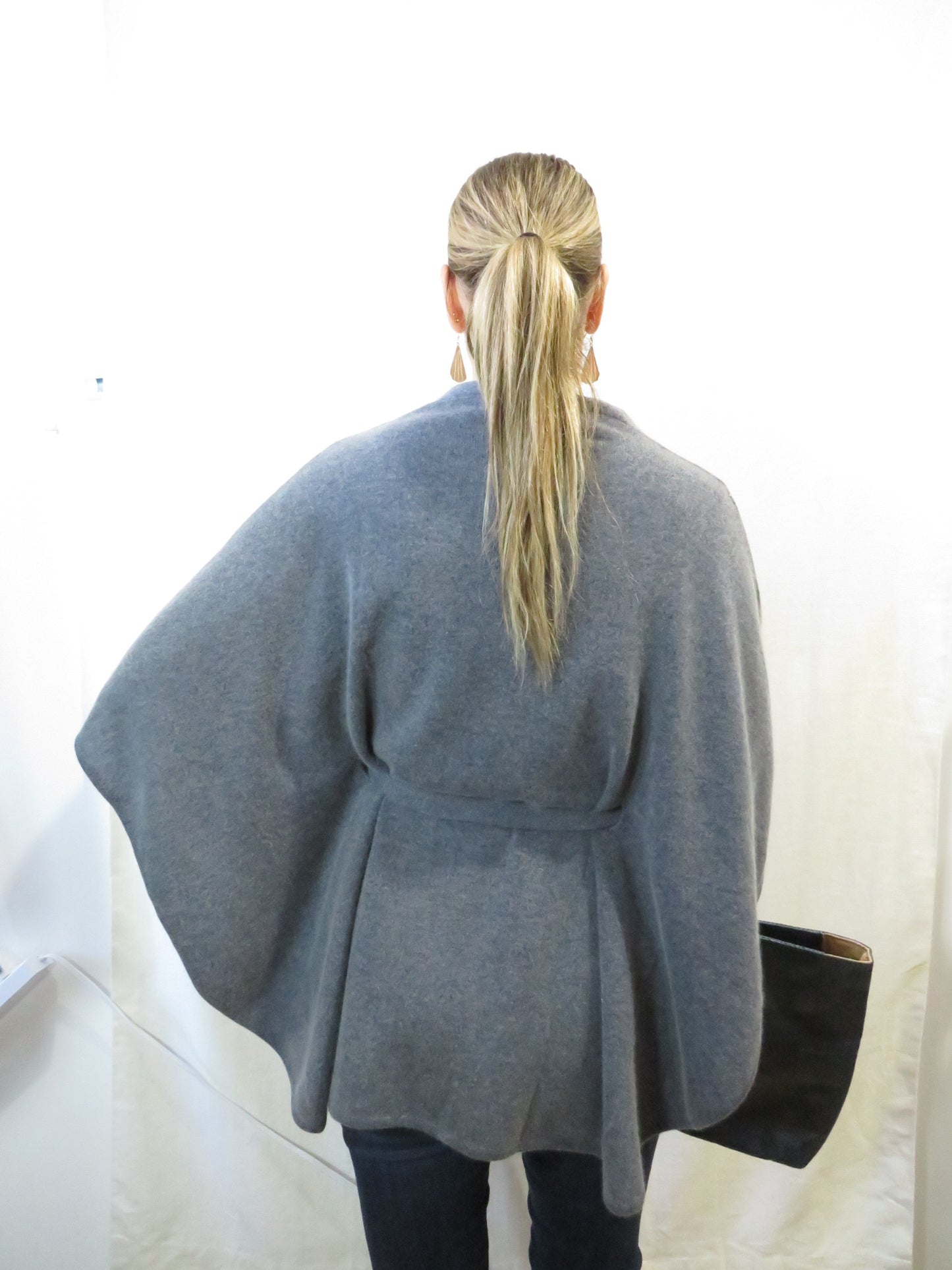 Pure Cashmere Belted Dark Grey Poncho - Wrap