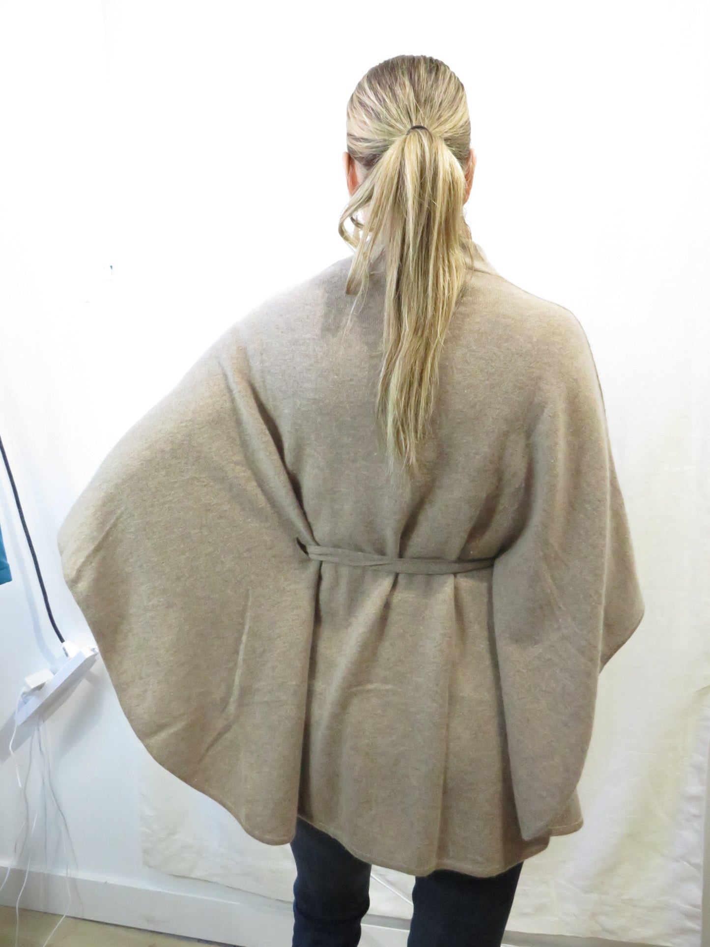 Pure Cashmere Belted Dark Beige Poncho - Wrap