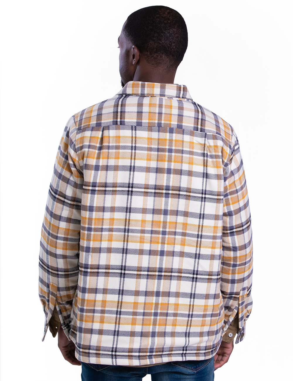 Back of model in a yellow and grey flannel jacket