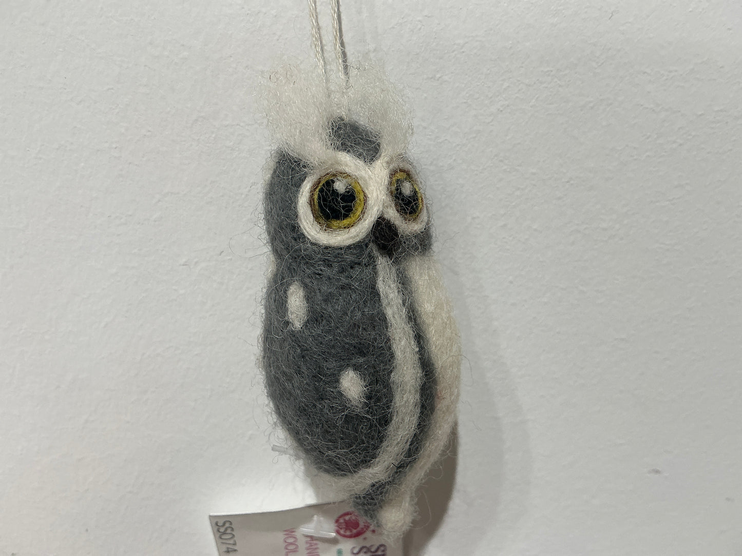 Long thin grey owl hand felted wool ornament 213
