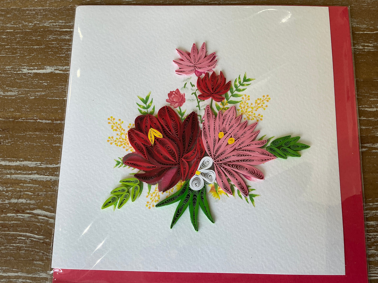 Red and pink flower hand made quilling card