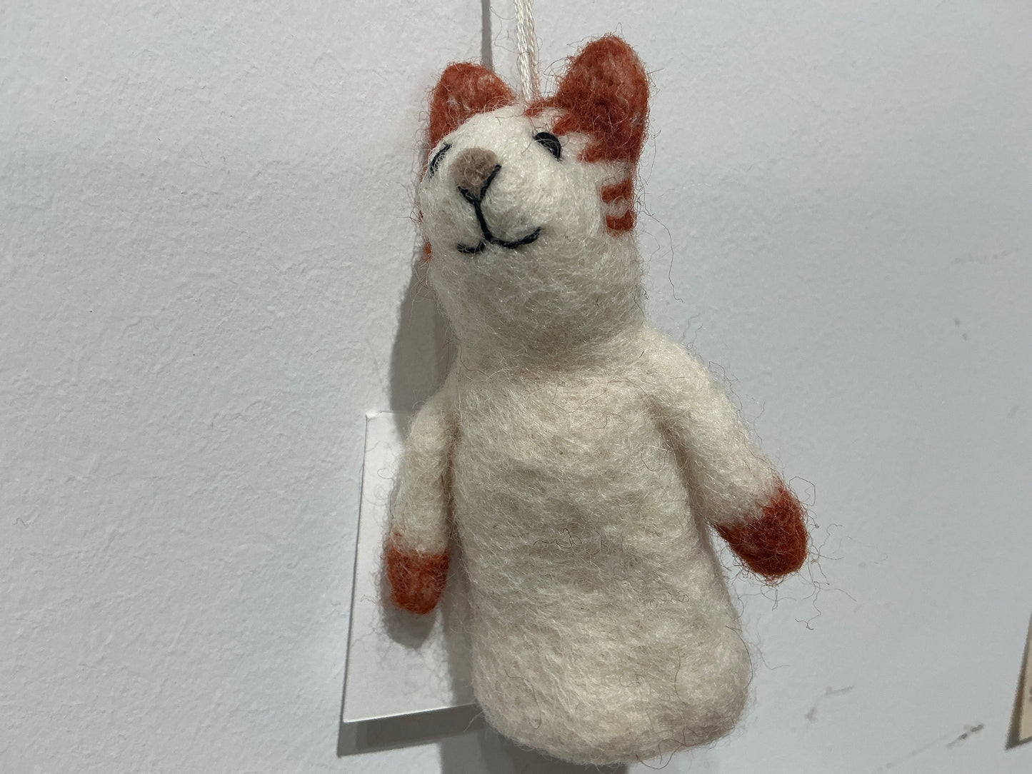 White cat with orange ears finger puppet or ornament, hand felted wool 252