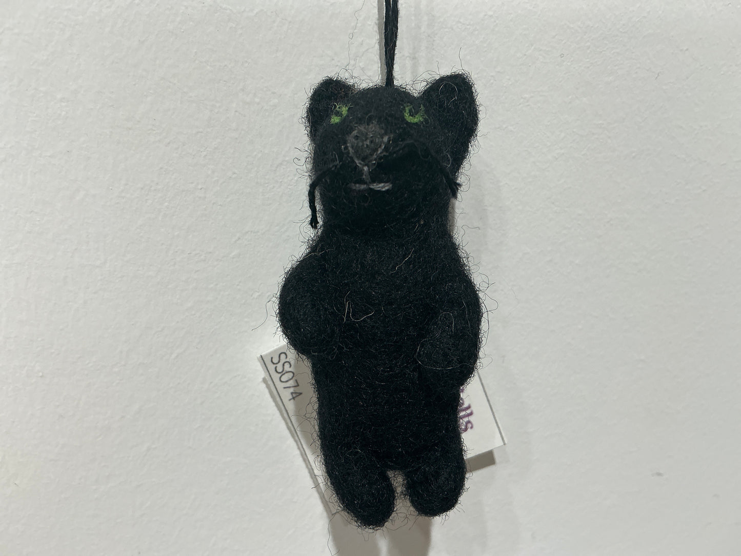 Mini black cat with green eyes, hand felted wool ornament - 210