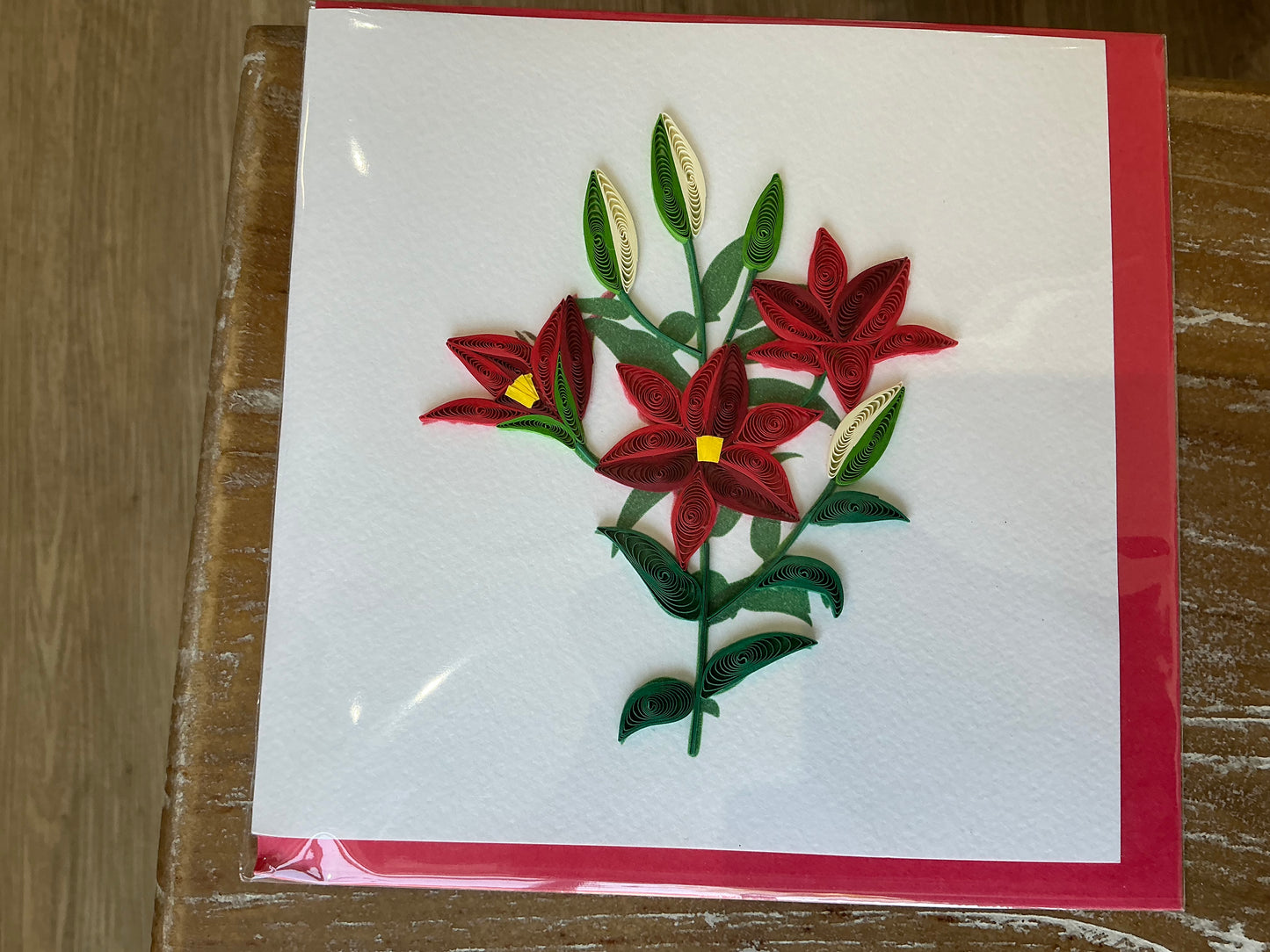 Red floral hand made quilling card