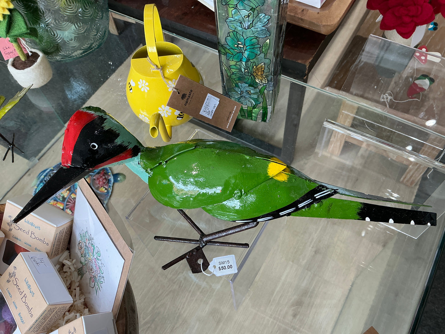 Sm15 green metal woodpecker