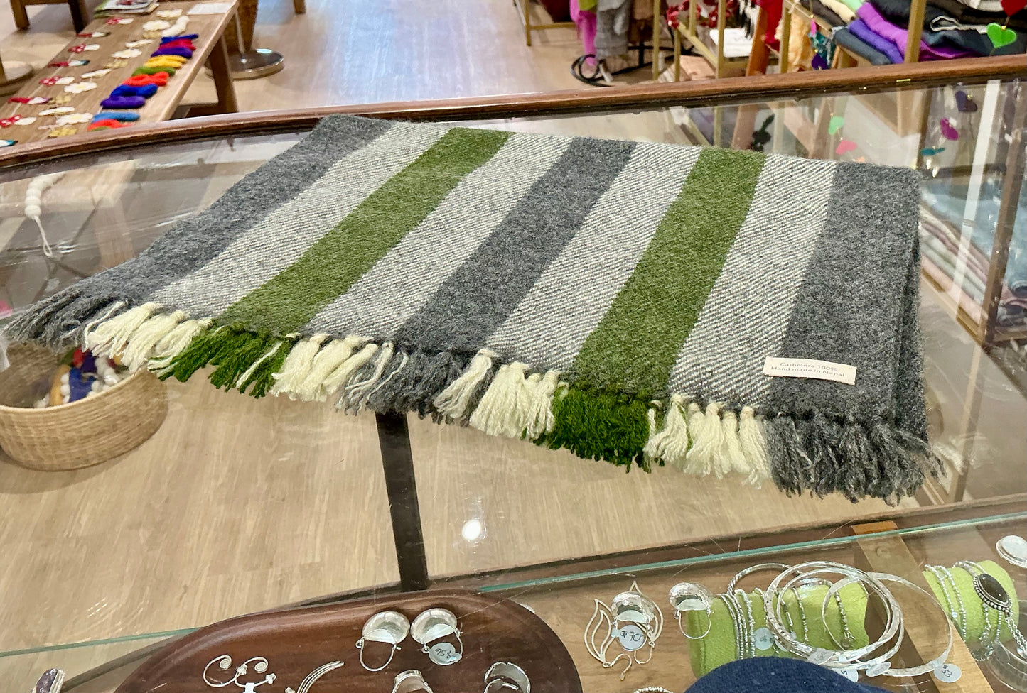 100% Cashmere Green and Grey Muffler Scarf