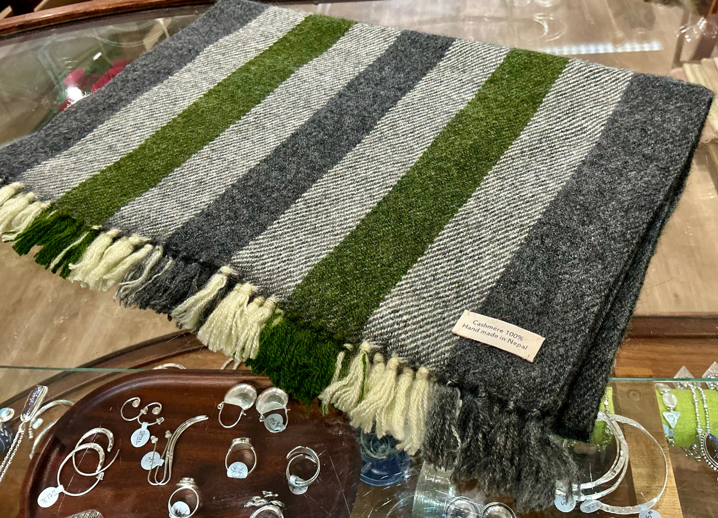 100% Cashmere Green and Grey Muffler Scarf