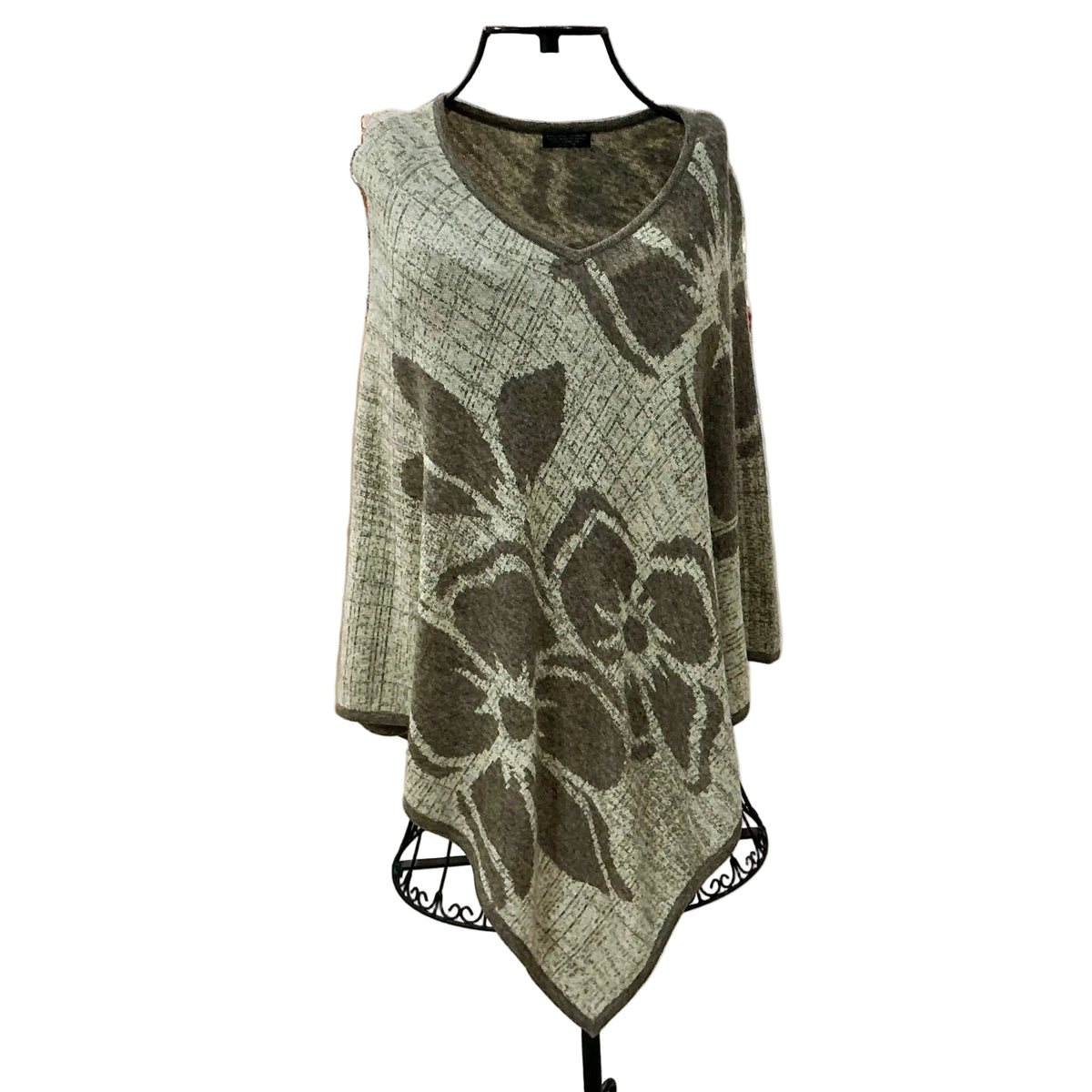 100% Cashmere Beige Flower Pattern Poncho