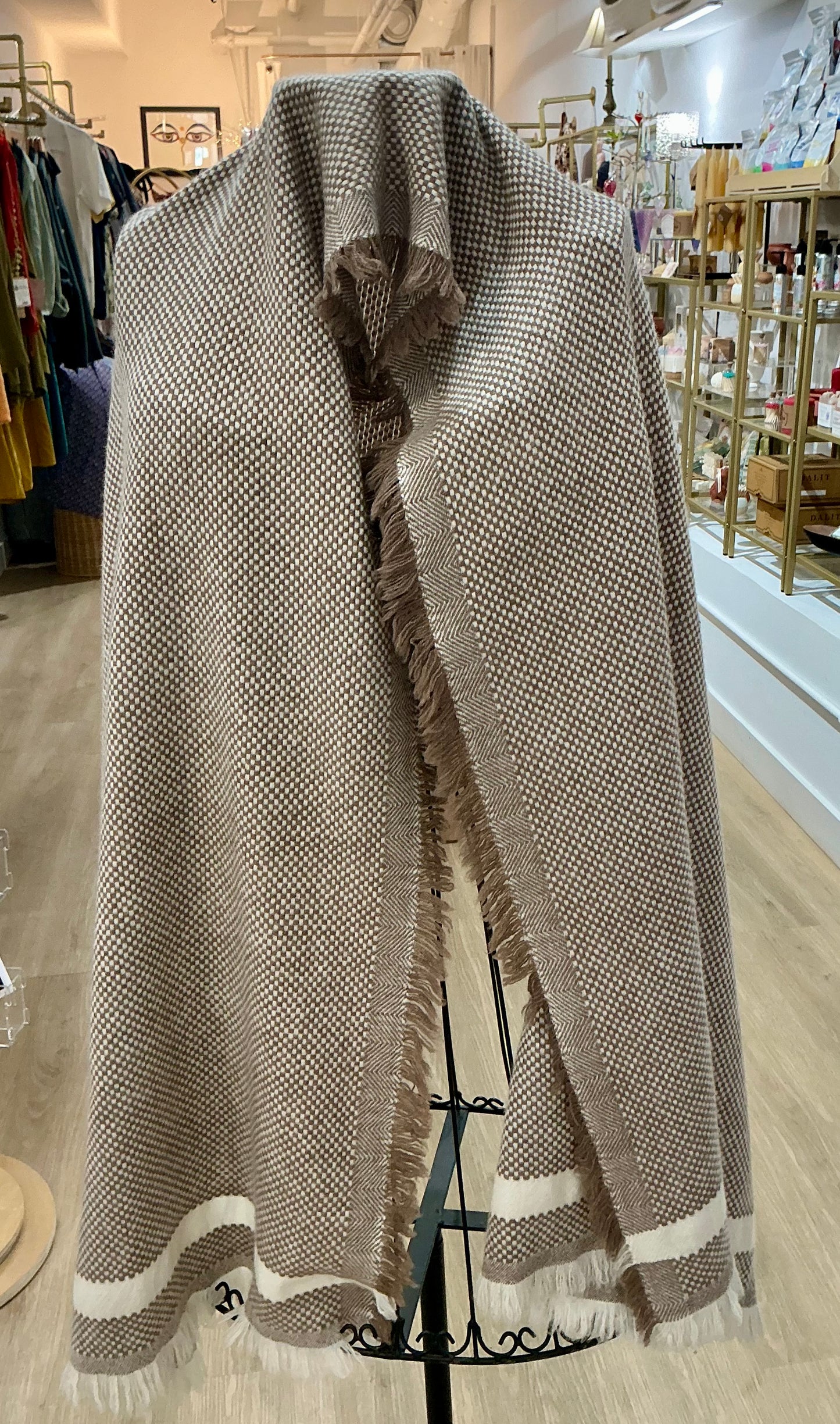 Thick and Plush Pure Cashmere Taupe and White Check Scarf