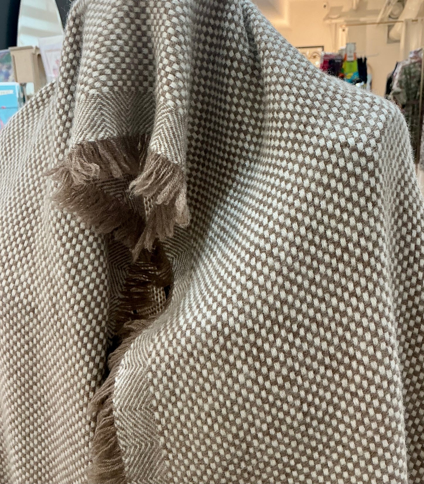 Thick and Plush Pure Cashmere Taupe and White Check Scarf