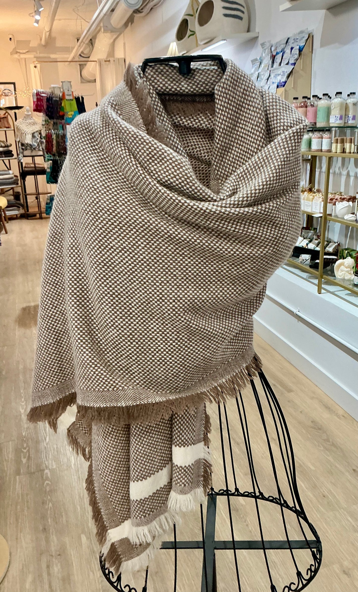 Thick and Plush Pure Cashmere Taupe and White Check Scarf