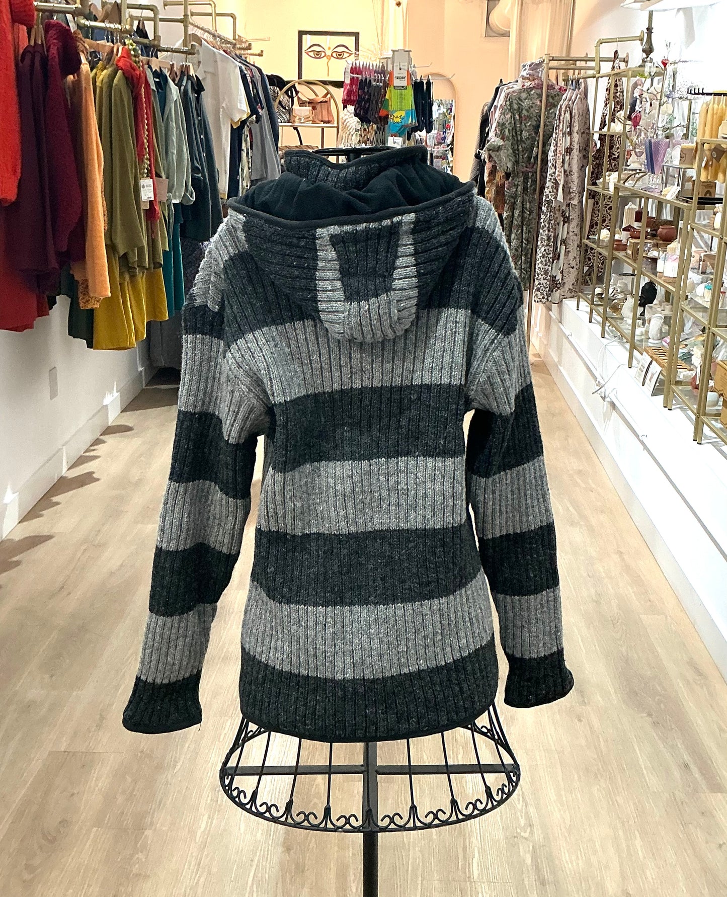 Knitted Fleece Lined Jacket (Unisex) Grey and Charcoal Stripe