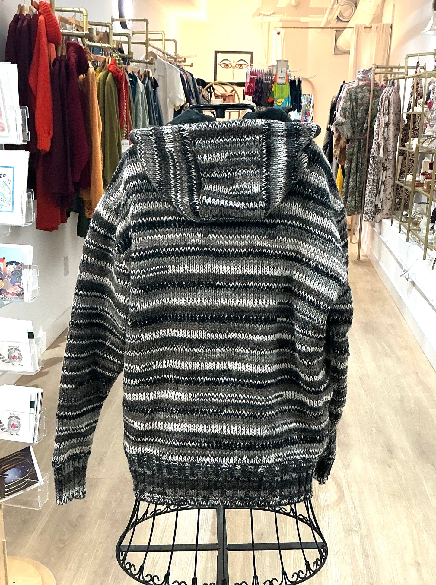 Knitted Fleece Lined Jacket (Unisex) Grey tone stripe