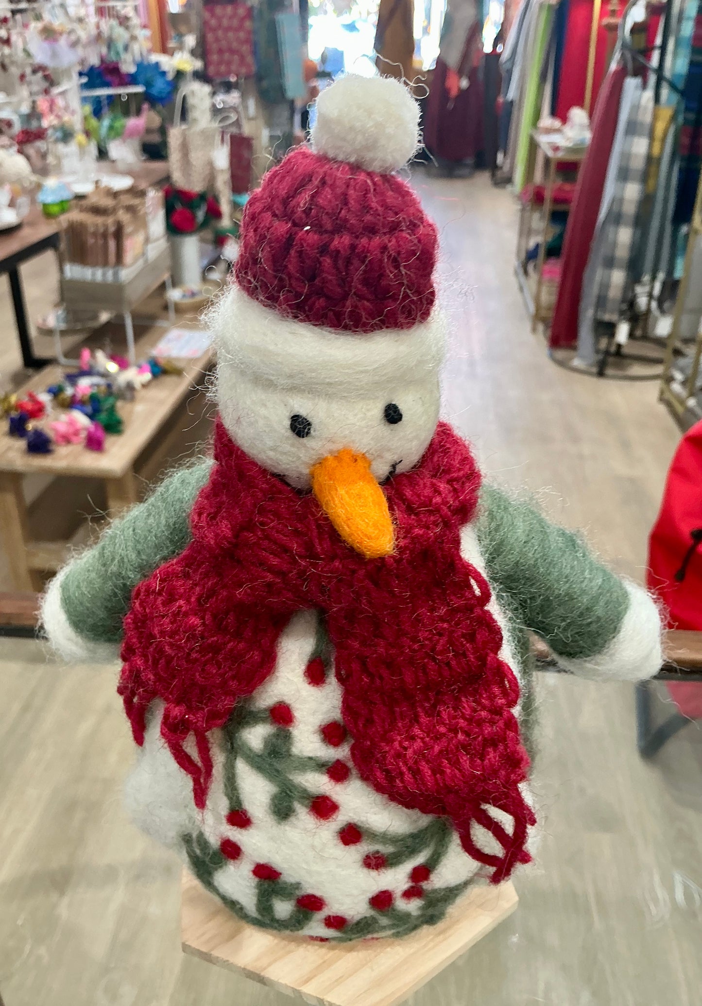 Burgundy Scarf and Hat Snowman Wool Decor