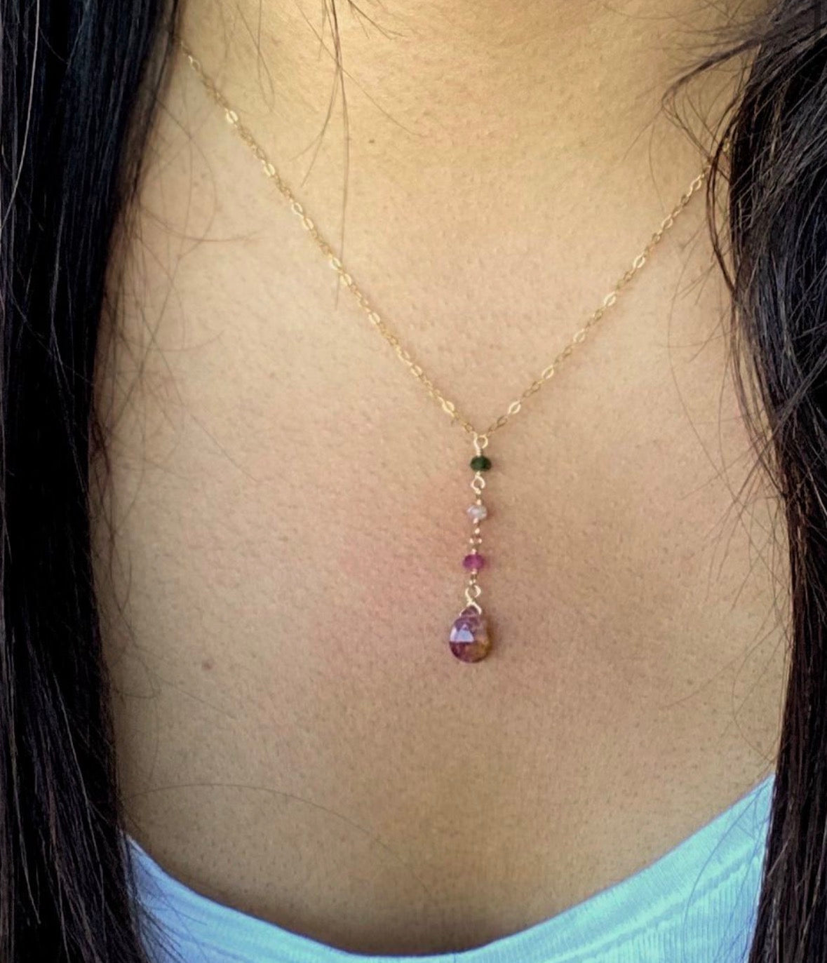 Gold Gemstone Long Pendant $70