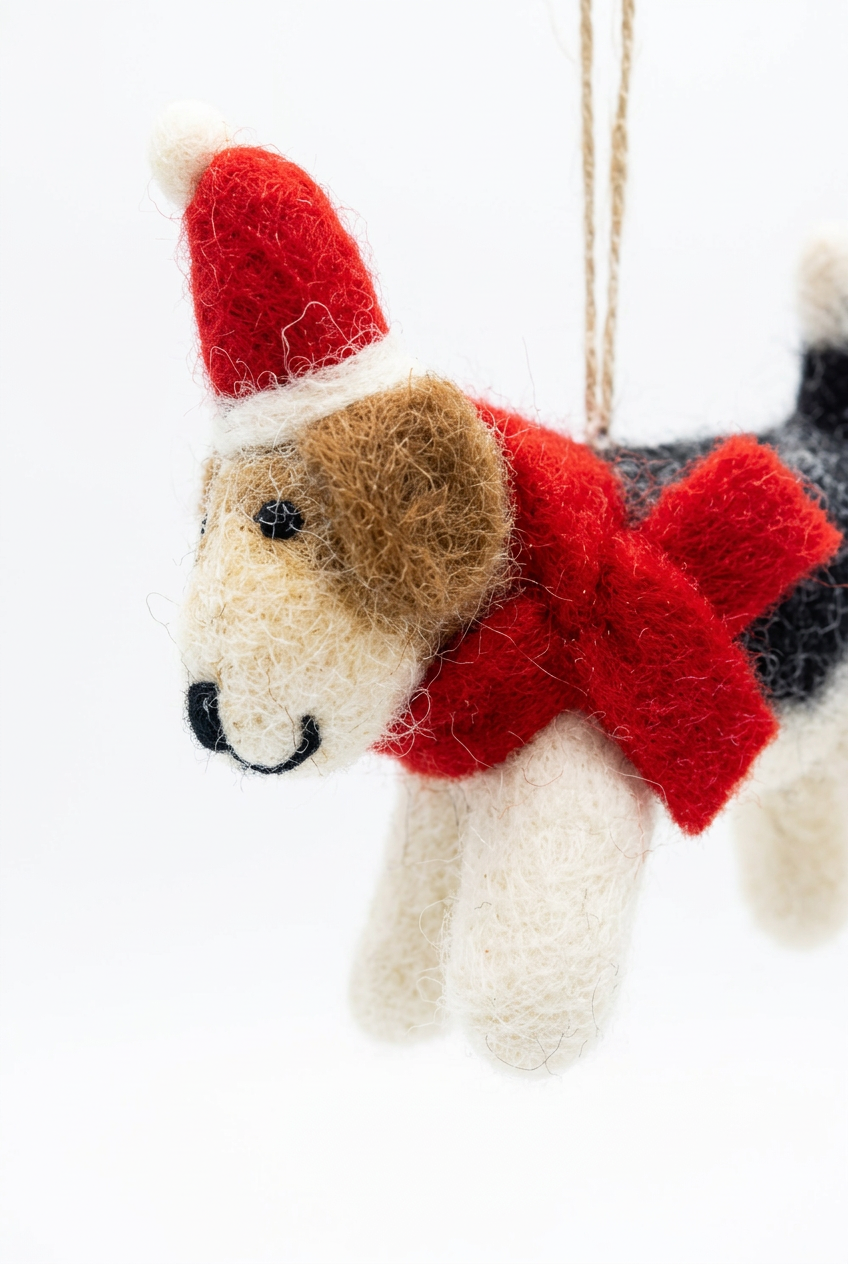 Dog with Red Holiday Hat Ornament