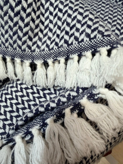 New! Navy Blue Herringbone Wool-Cashmere Blanket