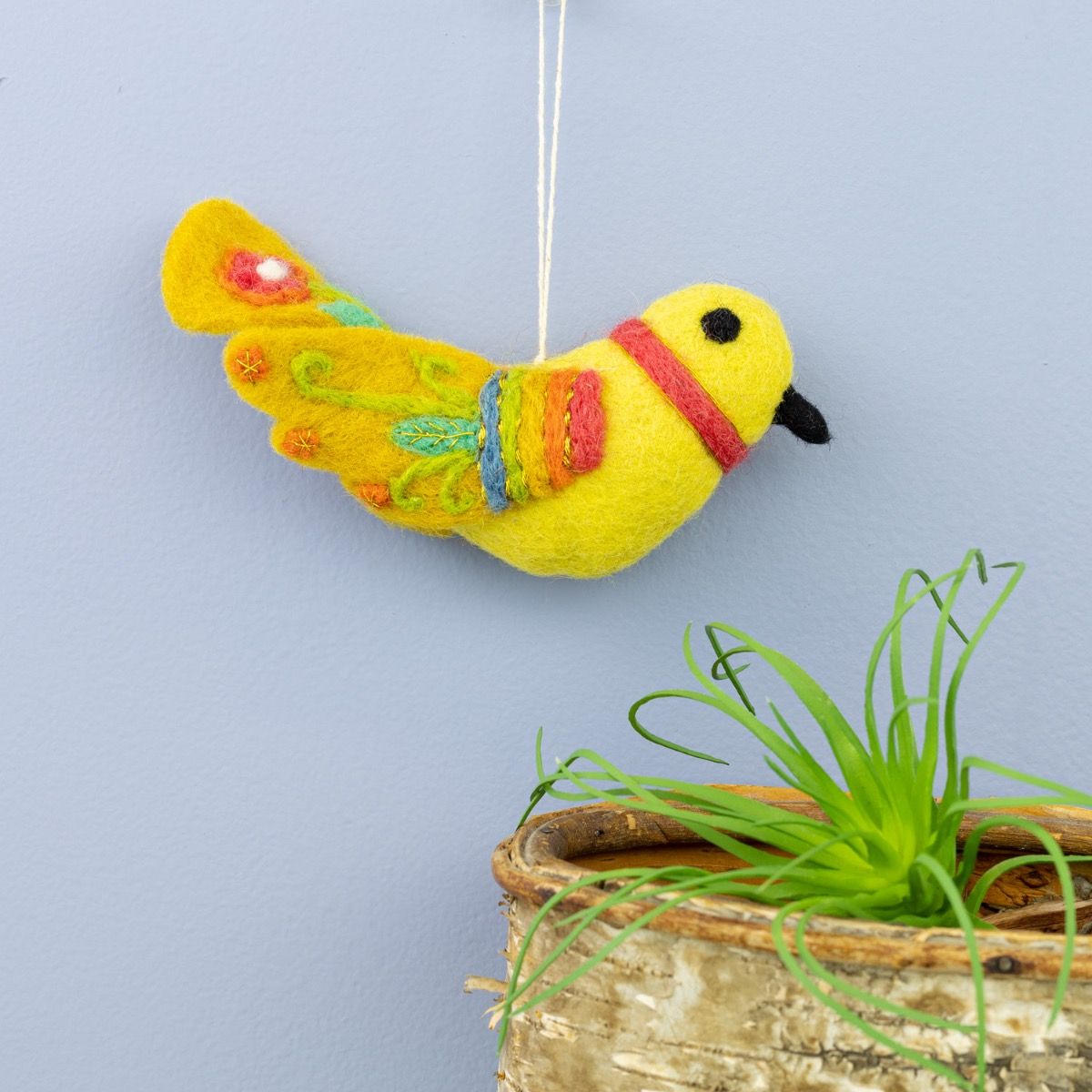 Yellow Embroidered Bird hand felted Ornament 277