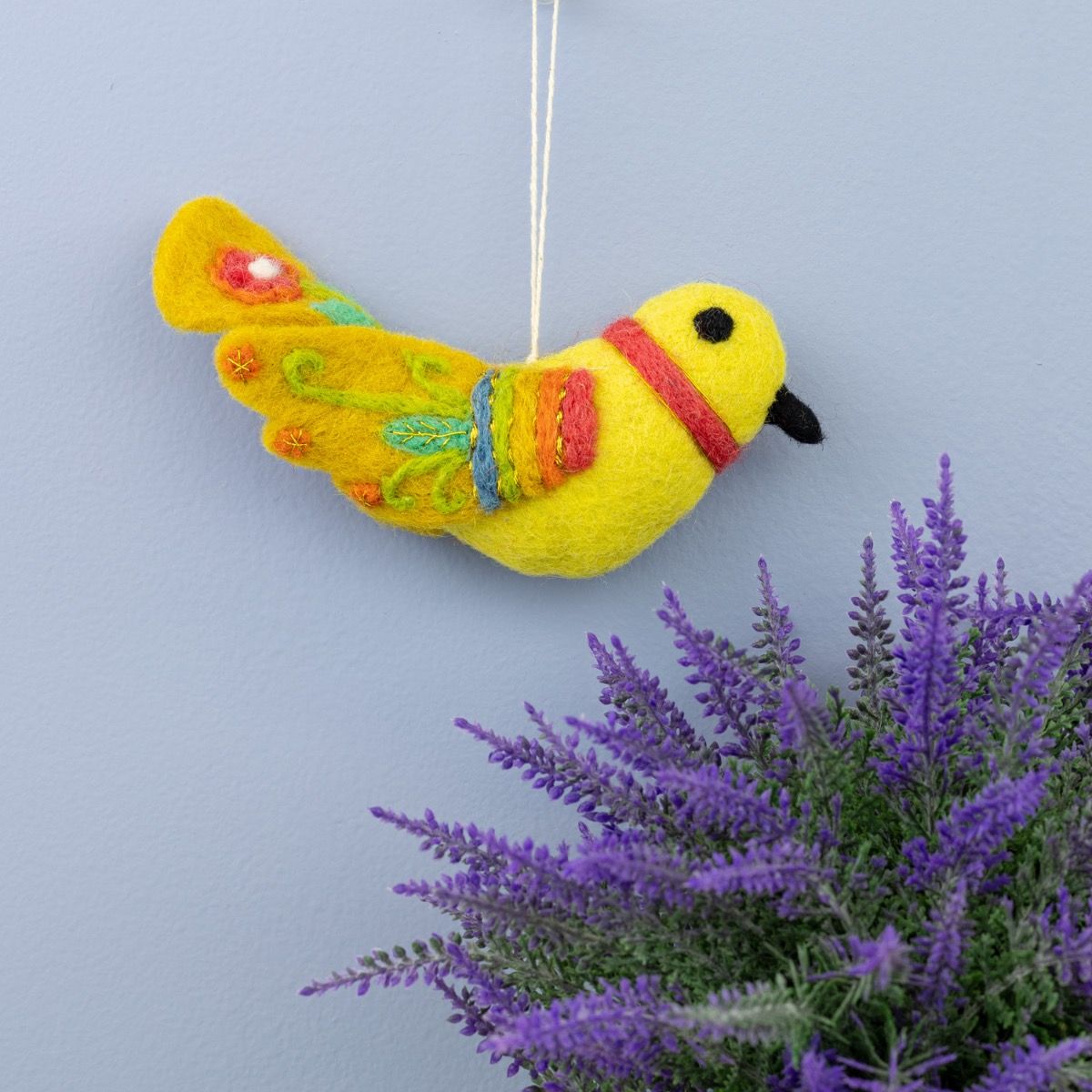 Yellow Embroidered Bird hand felted Ornament 277