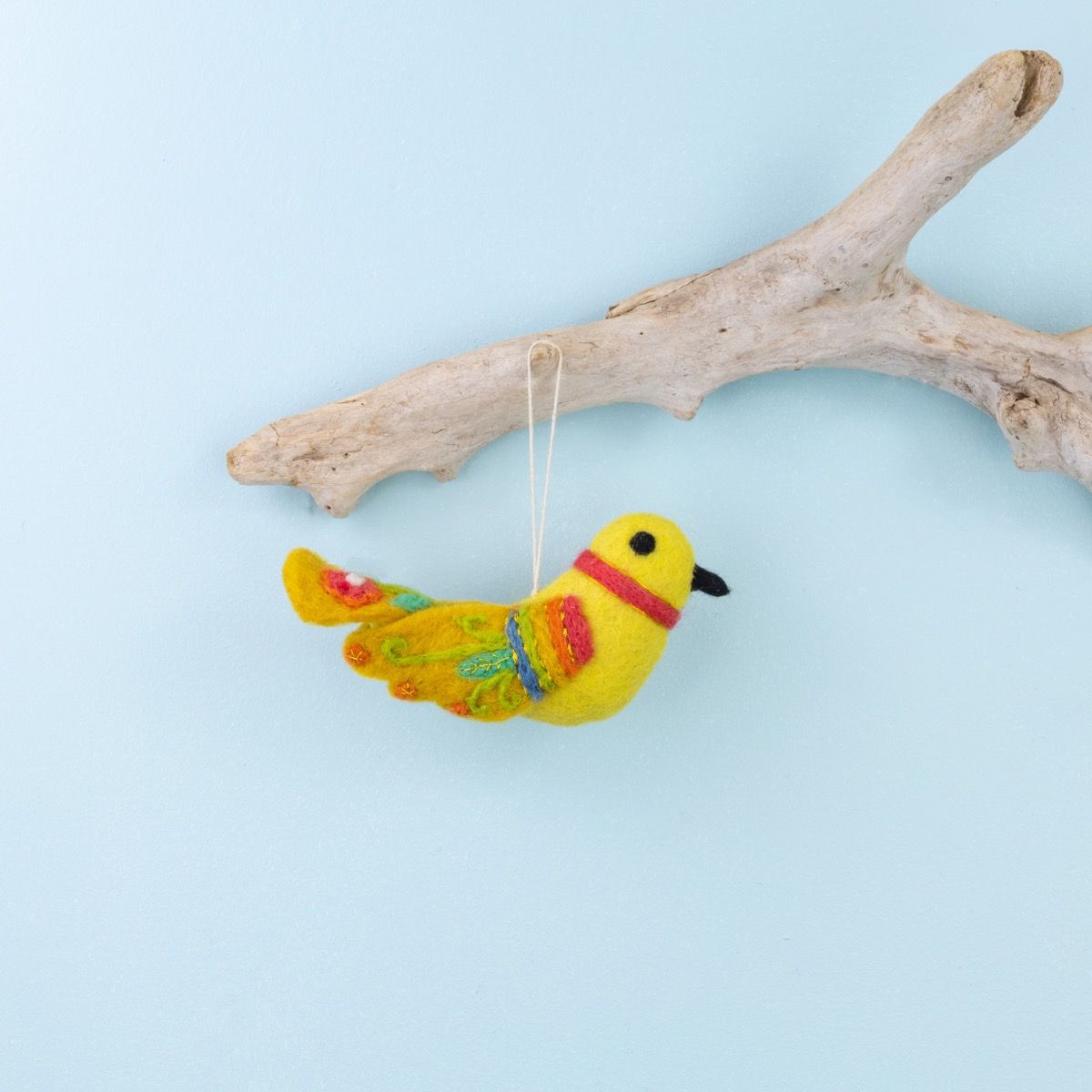 Yellow Embroidered Bird hand felted Ornament 277