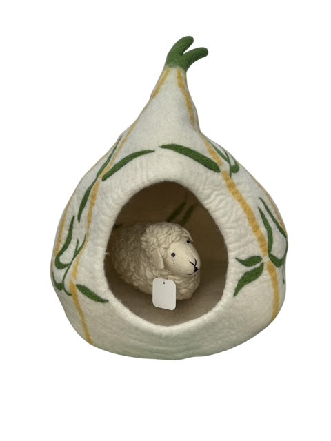 Pet Cave Beds - 100% Pure Wool (Yellow and Green Vines)