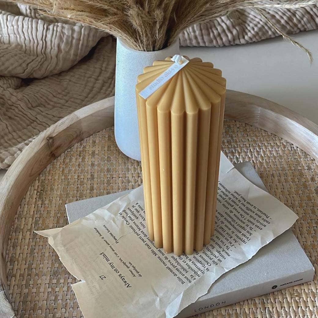 Large Ribbed Pillar Soy Candle | Handmade | Aesthetic Decor: Ivory