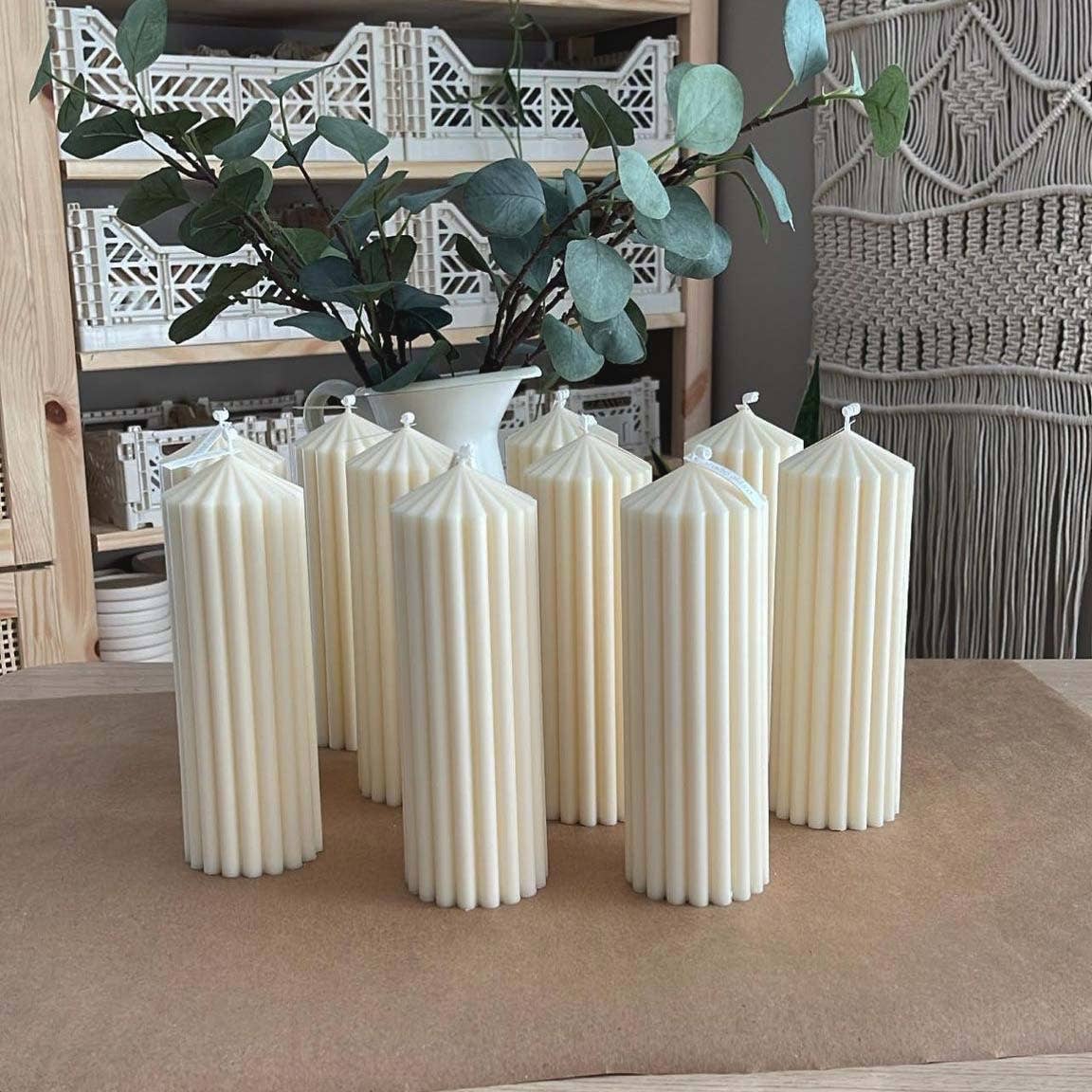 Large Ribbed Pillar Soy Candle | Handmade | Aesthetic Decor: Ivory