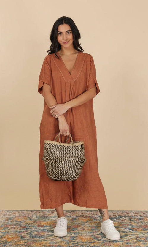 Long Dress V-neck 100% Linen: Terracotta