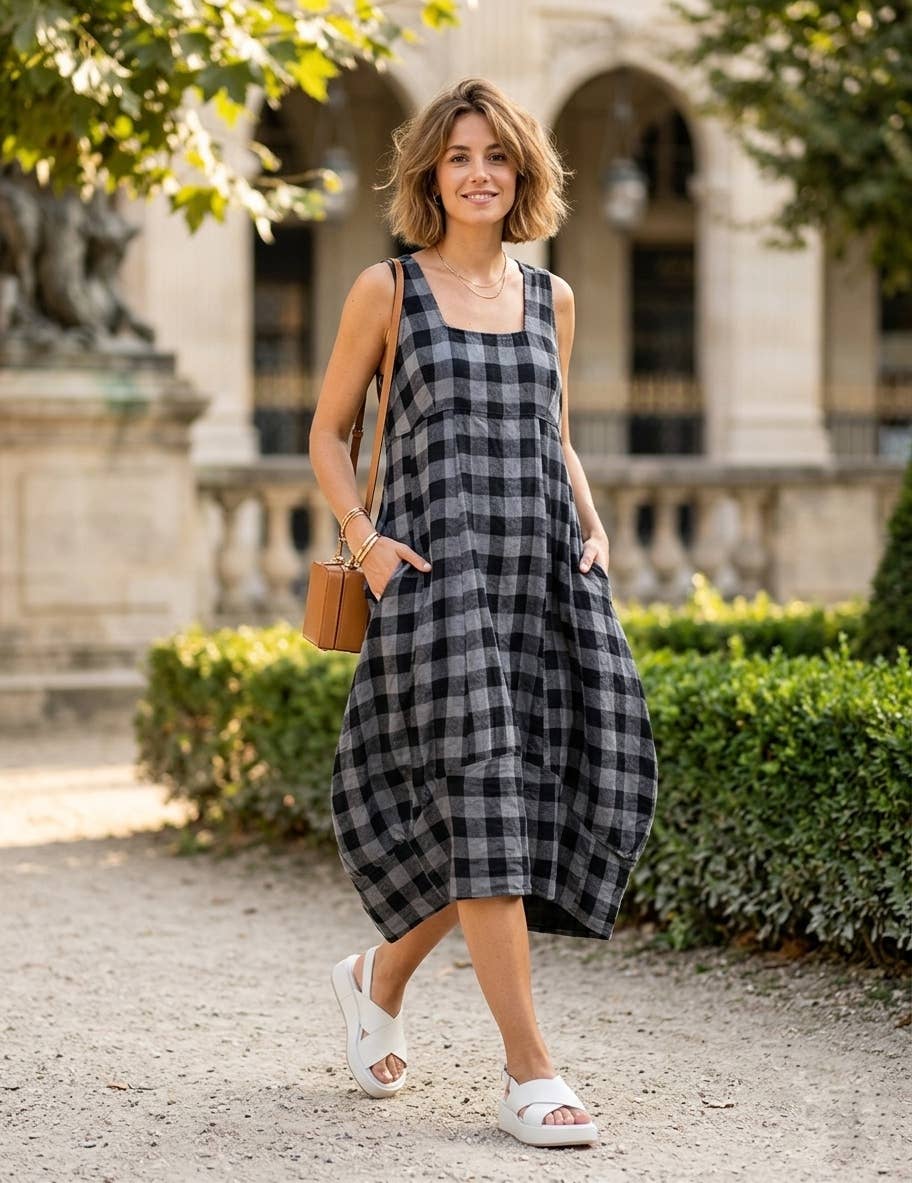 322 LINEN DRESS WITH VICHY CHECKS: Black
