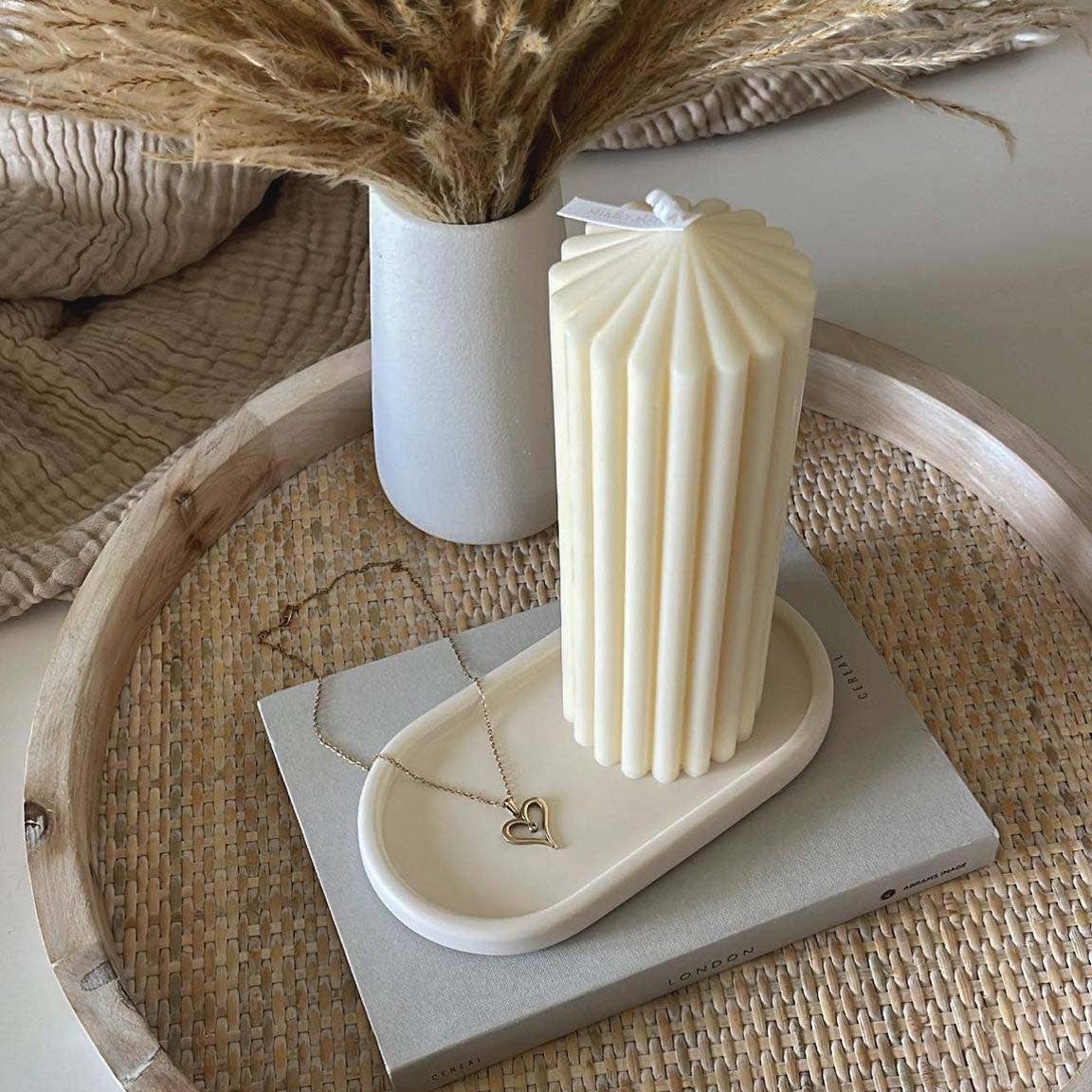 Large Ribbed Pillar Soy Candle | Handmade | Aesthetic Decor: Ivory